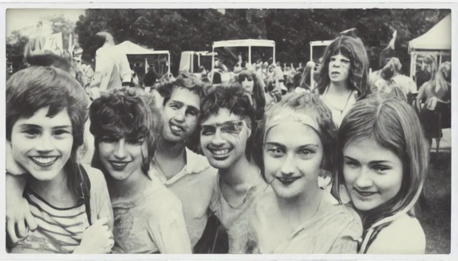 Image similar to Burnt black and white polaroid of 70s teenagers at a carnival.