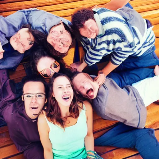 Image similar to four dudes and one girl peaking on molly on a deck