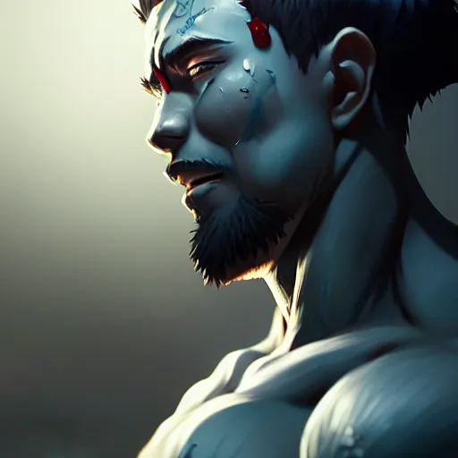 Image similar to bodybuilder covered in scars screenshot anime, shame focus, intricate, illustration, cell shaded, digital painting, highly detailed, concept art, matte, art by ilya kuvshinov and kyoto animation and wlop, anime character by league of legends, riot lol, and greg rutkowski, studio quality, masterpiece