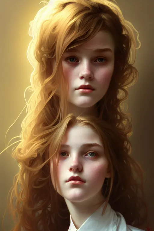 Prompt: portrait of a scottish teenage girl with dark blonde hair, glowing skin, intelligent face, school uniform, intricate, elegant, dress shirt, highly detailed, digital painting, artstation, concept art, smooth, sharp focus, illustration, art by Krenz Cushart and Artem Demura and alphonse mucha