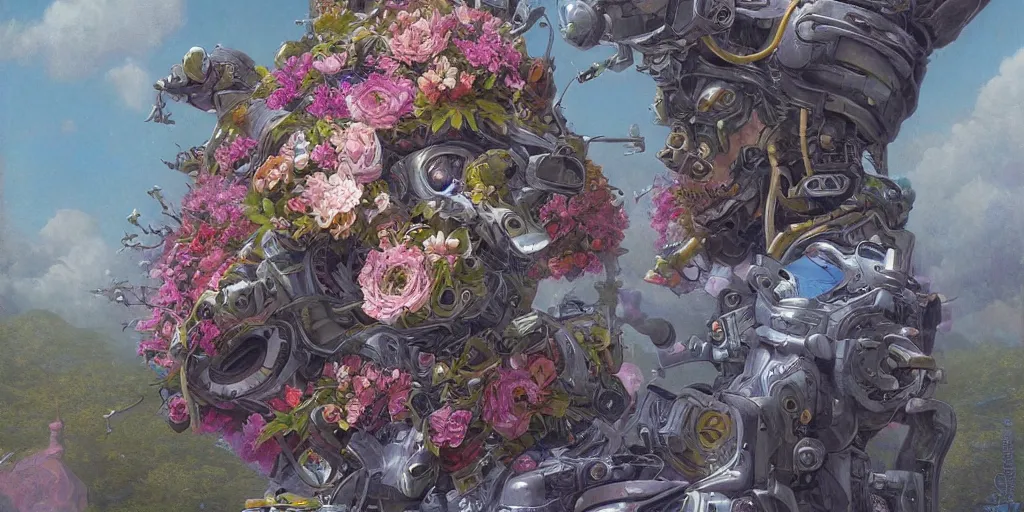 Image similar to artgem, Tyler Edlin and Jean Delville, wide angle robot head with flowers growing out, highly detailed, masterpiece