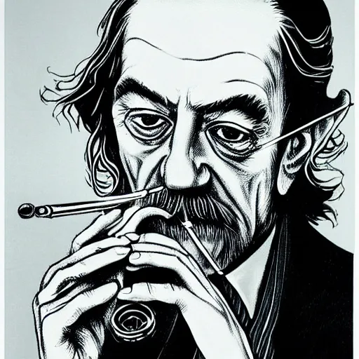 Prompt: Alan watts Smoking a pipe, drawn by alex grey