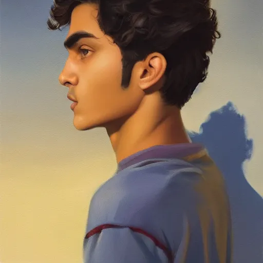 Image similar to oil painting by ilya kuvshinov, baugh casey, rhads, coby whitmore, of a youthful persian - indian college student, male, handsome, high cheekbones, large sensual mouth, curly black hair, outdoors, highly detailed, breathtaking face, studio photography, dawn, intense subsurface scattering, blush, supple look, innocence, intense sunlight