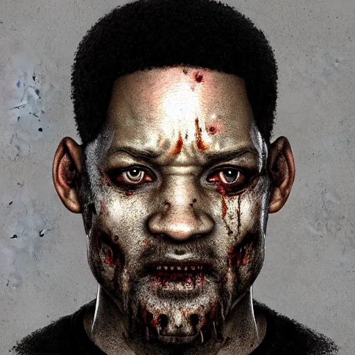 Image similar to a zombie Will Smith, by WLOP, horror, wounds, bloody, dark fantasy, trending on artstation