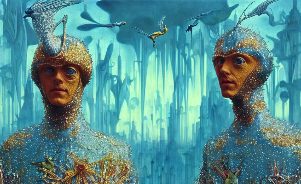 Image similar to realistic detailed portrait movie shot of a birdman wearing reflective transparent robes, sci fi city landscape background by denis villeneuve, amano, yves tanguy, alphonse mucha, ernst haeckel, max ernst, roger dean, masterpiece, rich moody colours, blue eyes