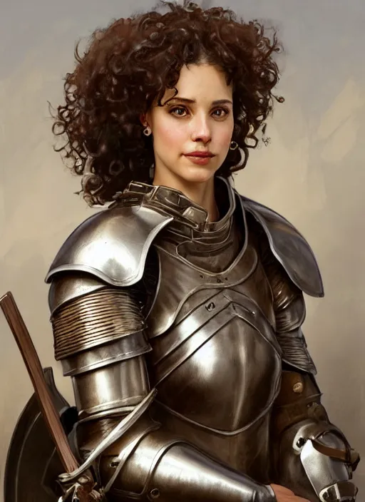 Image similar to medium-length portrait of a female knight with short curly hair and brown eyes, dark brown skin, happy expression, wears a combination of plate armor and boiled leather, medieval setting, highly detailed, digital painting, artstation, concept art, sharp focus, illustration, art by greg rutkowski and alphonse mucha