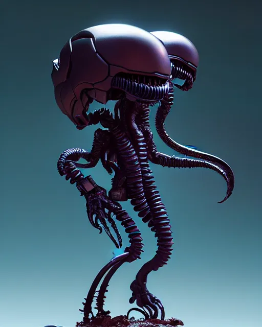 Image similar to highly detailed funko pop of xenomorph, stephen bliss, unreal engine, greg rutkowski, loish, rhads, beeple, makoto shinkai and lois van baarle, ilya kuvshinov, rossdraws, tom bagshaw, alphonse mucha, global illumination, god rays, detailed and intricate environment