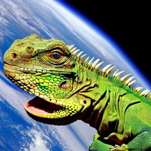 Image similar to a humongous iguana with it's mouth wide open ready to swallow and eat EARTH outside in space
