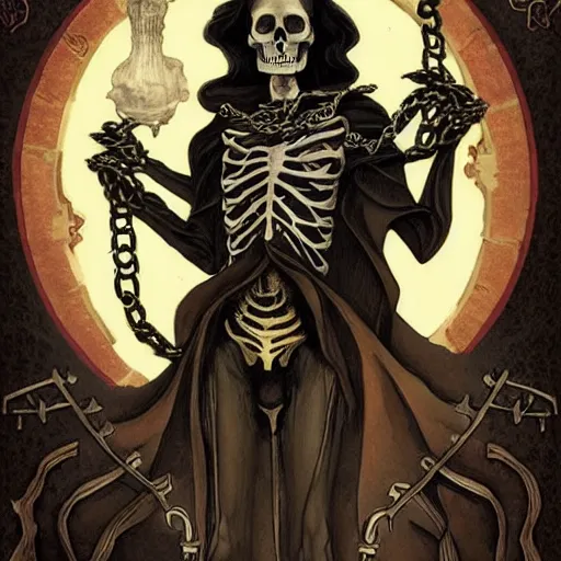 Prompt: A dark art nouveau painting of a skeleton sorcerer holding a big grimoire with chains by Darkchylde and Julia Yurtsev, Ruby insets, monstrous skull, muted colours, 4k, trending on artstation, pinterest, pixiv