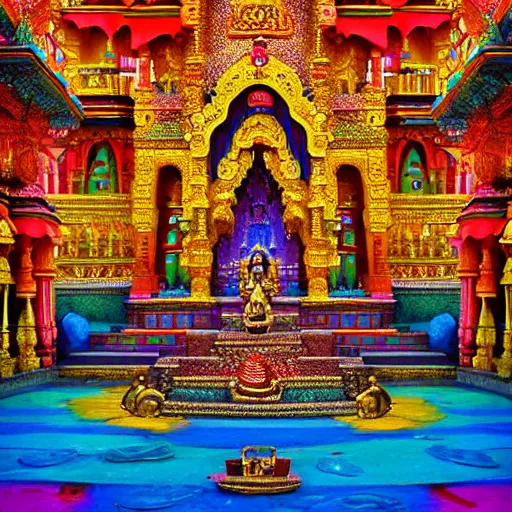 Prompt: a big indian temple made of glowing gold, cosmic, surreal, very colorful, vibrant, photorealistic, matte painting, 8 k,