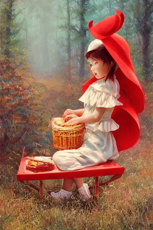 Image similar to a little girl in red hat with a picnic basket ,forest,long-shot, by Bruce Pennington and Ross Tran trending on artstation, trending on deviantart