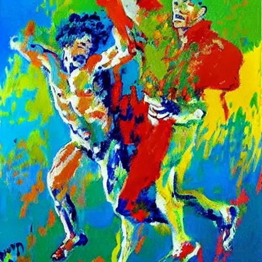 Prompt: a leroy neiman painting when he was deeply schizophrenic and had hand tremors