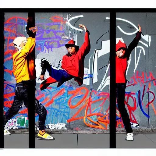 Prompt: four breakdancers battling in the bronx in 1984, by Andy Warhol, gritty, energetic, hyperrealistic, intricate, graffiti, Moody lightning, trending on artstation