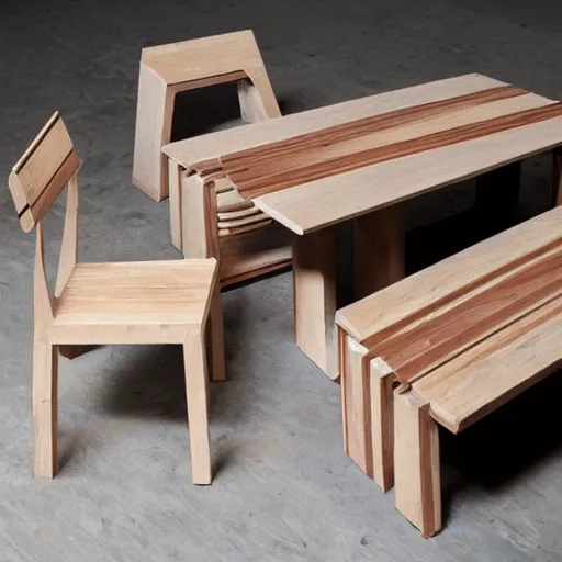 Image similar to a dining set made from pure recycled materials