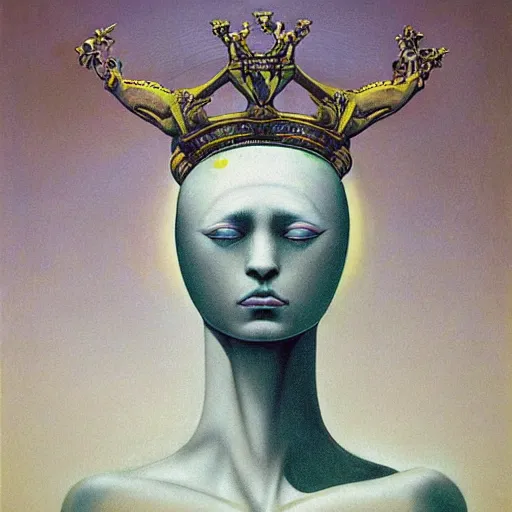 Image similar to Artemixel, the modern reincarnation of the old selenium god of hunt and moon, also known as Artemis or Selene, carrying the crown of the crescent moon. They are crowned by a bright and slightly bluish crescent like the brightness of the night. Portrait by Zdzislaw Beksinski and Jeffrey Smith, oil on canvas.