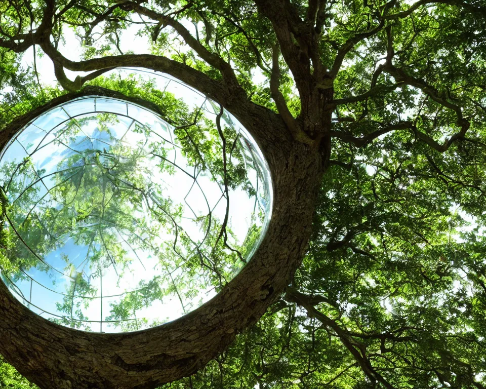 Prompt: yggdrasil under a colossal glass dome, home tree, interior, lush vista, landscape