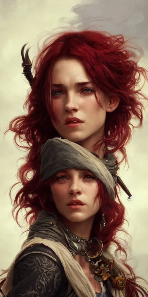 Image similar to portrait of a young ruggedly beautiful but joyful pirate, female, femenine, upper body, red hair, long hair, d & d, fantasy, piercing eyes, intricate, elegant, highly detailed, digital painting, artstation, concept art, matte, sharp focus, illustration, art by artgerm and greg rutkowski and alphonse mucha