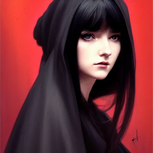 Prompt: a beautiful girl with long black hair and bangs, wearing a black cloak, fantasy, portrait, sharp focus, intricate, elegant, digital painting, artstation, matte, highly detailed, concept art, illustration, ambient lighting, art by ilya kuvshinov, artgerm, Alphonse mucha, and Greg Rutkowski