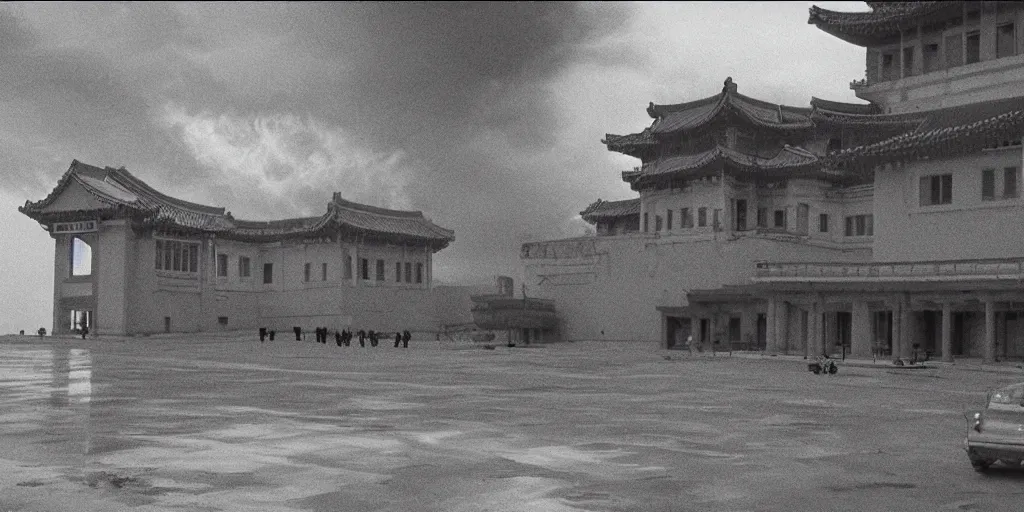 Image similar to light coming out of one bull - like kaiju starfish monster, korean film noir, korean traditional palace, pyongyang city, 1 9 6 0 s, red color bleed, 4 k, video compression, video glitch, monochrome, akira kurosawa, mamoru oshii, wes anderson, stanley kubrick