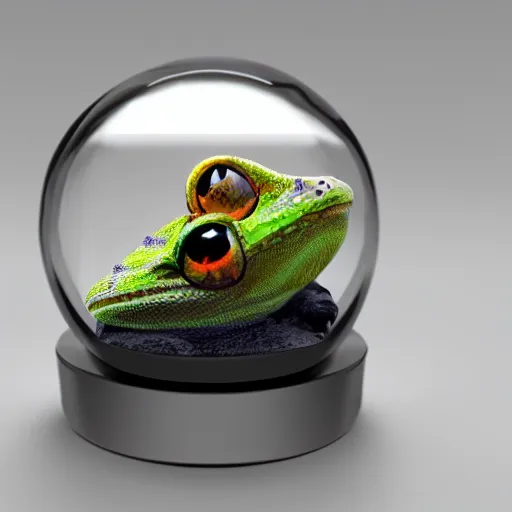 Prompt: concept art gecko sitting inside a glass cube, dramatic lightning