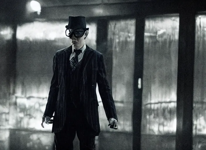 Image similar to film still of Paul Dano as Riddler in The Batman, 4k, dark lighting, film noir, grainy, dark tone