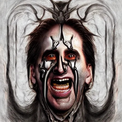 Image similar to Nicolas Cage as god of chaos screaming biomechanical, intricate, smooth, artstation, painted by Hans Giger