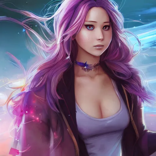 Image similar to An anime portrait of Jennifer Lawrence with long purple hair running through urban battlefield by Stanley Artgerm Lau, WLOP, Rossdraws, James Jean, Andrei Riabovitchev, Marc Simonetti, and Sakimichan, trending on artstation