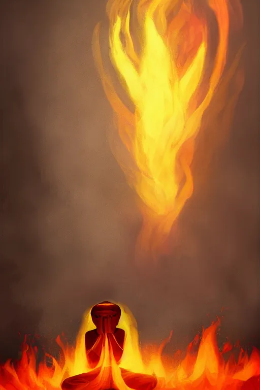 Image similar to A single monk meditating in flames by Afshar Petros, Trending on artstation.