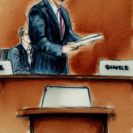 Image similar to saul goodman on trial in courtroom, courtroom sketch, ink and watercolor, judge, courtroom, concept art, deep illustration, cinematic lighting, perfect composition,