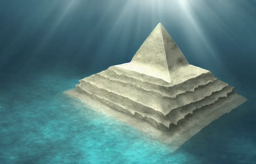 Prompt: a realistic cell - shaded cartoon showing a white pristine pyramid underwater at the bottom of the sea. shafts of sunlight come from above. wide shot, very dull muted colors, hd, 4 k, hq