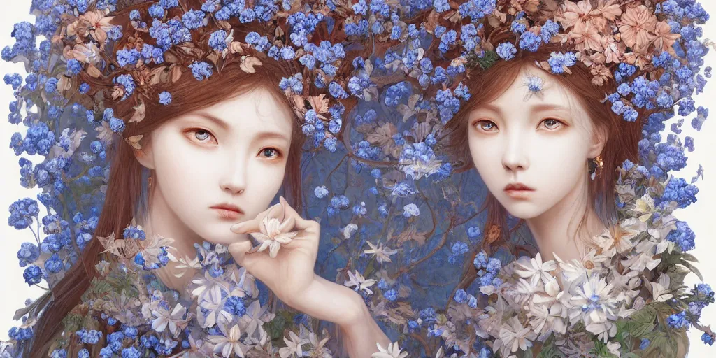 Image similar to breathtaking detailed concept art painting of the goddess of nemophila flowers, orthodox saint, with anxious, piercing eyes, ornate background, amalgamation of leaves and flowers, by Hsiao-Ron Cheng, James jean, Miho Hirano, Hayao Miyazaki, extremely moody lighting, 8K