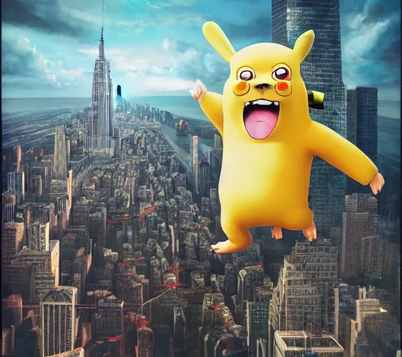 Prompt: epic fantasy comic book style portrait painting of a giant angry pikachu as king kong climbing the empire state building, by mark ryden and pixar and hayao miyazaki, unreal 5, daz, hyperrealistic, octane render, cosplay, rpg portrait, dynamic lighting, intricate detail, cinematic