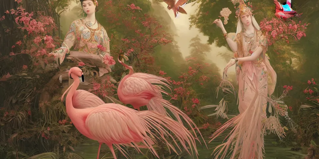 Image similar to breathtaking detailed concept art painting of the goddess of flamingo, orthodox saint, with anxious, piercing eyes, ornate background, amalgamation of leaves and flowers, by Hsiao-Ron Cheng and John James Audubon, extremely moody lighting, 8K