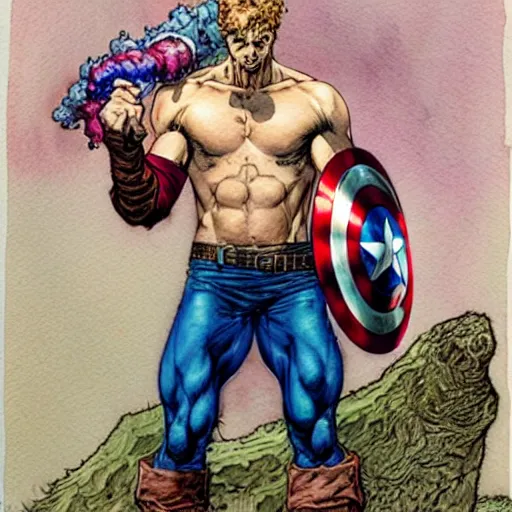 Image similar to a realistic and atmospheric watercolour fantasy character concept art portrait of captain america with pink eyes wearing a wife beater and smoking a huge blunt by rebecca guay, michael kaluta, charles vess and jean moebius giraud