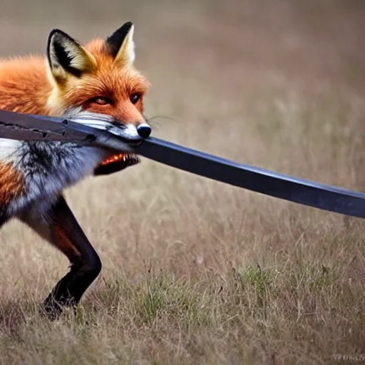 Prompt: a fox holding a sword in its mouth