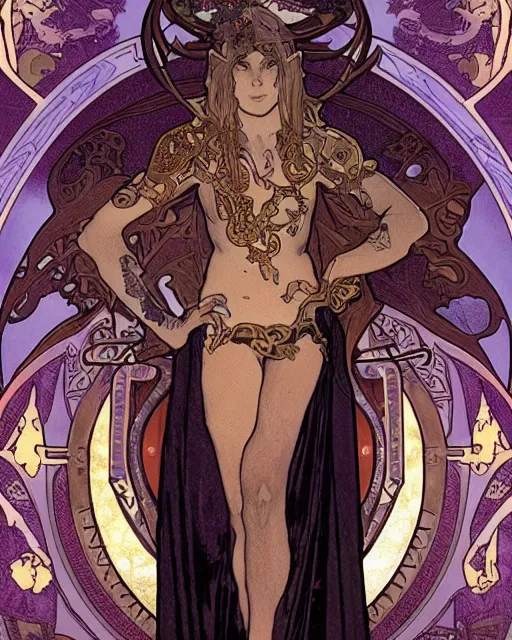 Image similar to tarot card, half - body, the devil, demon male, black and purple robes, beautiful, medieval, super detailed, ornate, by alphonse mucha, stjepan sejic, symmetry, 8 k, sharp focus