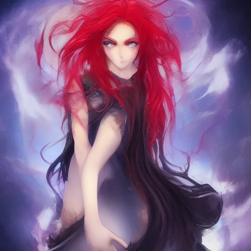 Prompt: advanced digital anime art, a very cute and gorgeous succubus ,full body, very long wavy fiery red hair, braided hair, white highlights in hair, fiery red watery eyes, full round face, amazing depth, highly intricately detailed, trending on pixiv, Artstation, DeviantArt, Steven Artgerm Lau, WLOP, RossDraws, RuanJia, James Jean, Andrei Riabovitchev, Totorrl, Marc Simonetti, Visual Key, and Sakimichan