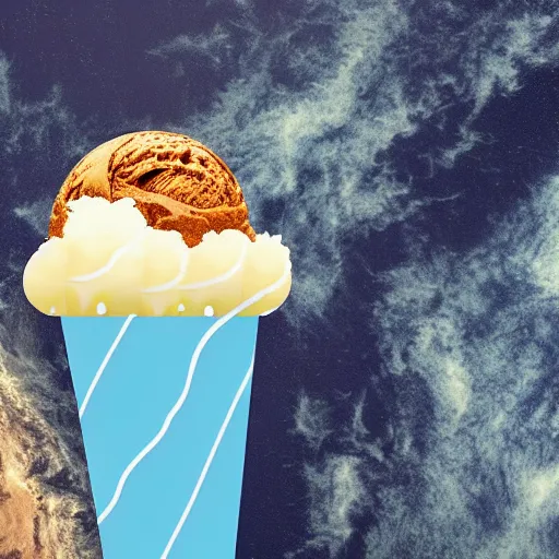 Image similar to earth made of ice cream, in a cone, which is melting under the heat