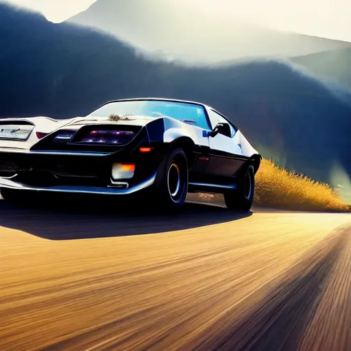 Image similar to black pontiac firebird trans - am driving towards the camera, mountain, valley, breathtaking mountains, lake, dynamic, sunrise, cinematic, motionblur, sunbeams, volumetric lighting, wide shot, low angle, mind flayer, lightning, mind flayer, lightning creature