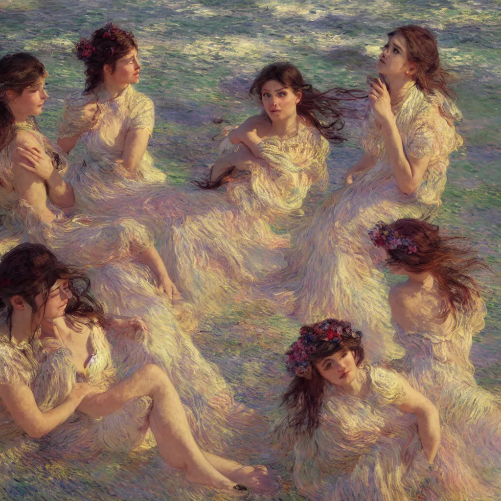 Image similar to illustration studio portrait of three beautiful girl in an artistic pose resting in the beach, monet painterly motives and textures pattern, hyper detailed, octane render, vivid colors, artstation, by jeremy mann, by alphonse mucha, by monet