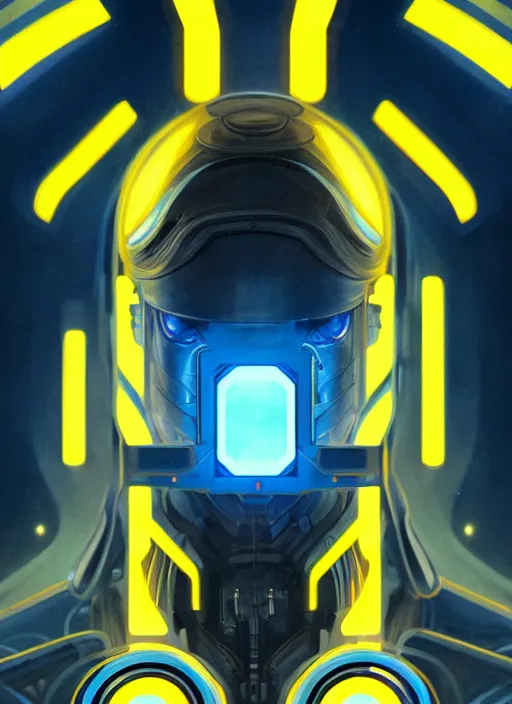 Image similar to symmetry!! portrait of a man, sci - fi, tech wear, blue and yellow glowing lights!! intricate, elegant, highly detailed, digital painting, artstation, concept art, smooth, sharp focus, illustration, art by artgerm and greg rutkowski and alphonse mucha