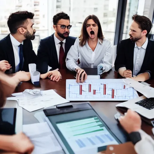 Prompt: a bunch of screaming people in an office sitting around a table looking at charts that nobody understands