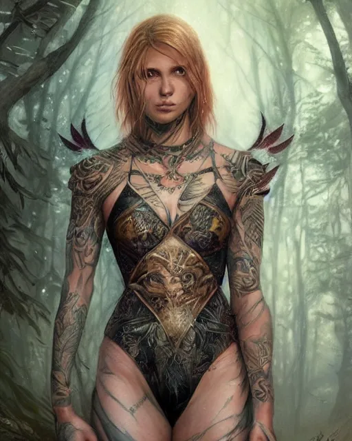 Prompt: a tattooed female warrior wearing a magical leotard in a magical forest, hyper realistic face, beautiful eyes, beautiful detailed eyes, fantasy art, in the style of greg rutkowski, illustration, epic, fantasy, intricate, hyper detailed, artstation, concept art, smooth, sharp focus, vibrant