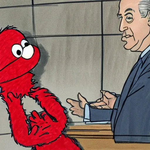 Prompt: elmo testifying in court with saul goodman, courtroom sketch