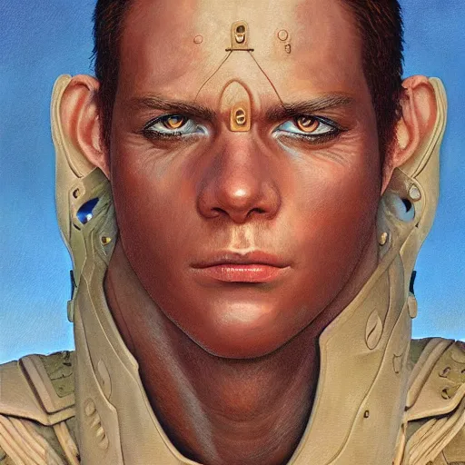 Image similar to Portrait of a soldier, illustration by Michael Whelan, fantasy art, visionary art, acrylic painting, smooth blending