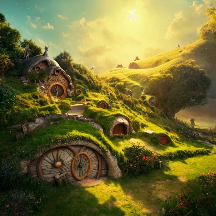 Prompt: Authentic illustrations of The Hobbiton from The Lord of the Rings,Magnificent super wide angle,high quality, 8k,high resolution, city landscape, side scrolling, Rule of Thirds, 4K, Retrofuturism,by makoto shinkai,Anton Fadeev, thomas kinkade,greg rutkowski