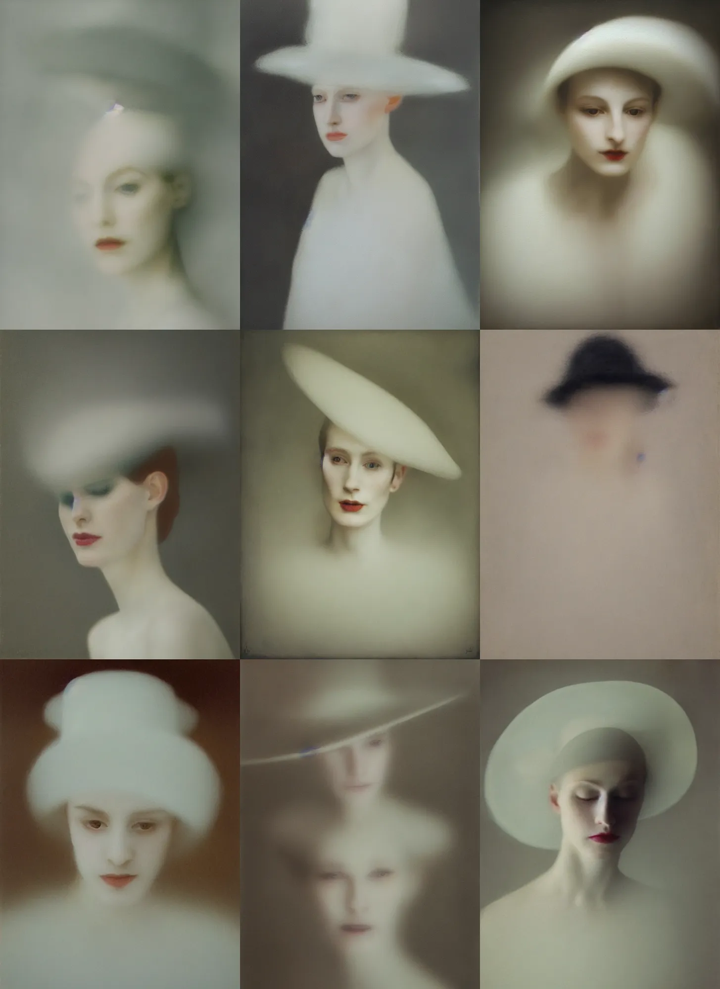 Image similar to out of focus photorealistic portrait of a beautiful pale young woman by sarah moon, very blurry, translucent white skin, closed eyes, foggy, closeup, with a weird hat