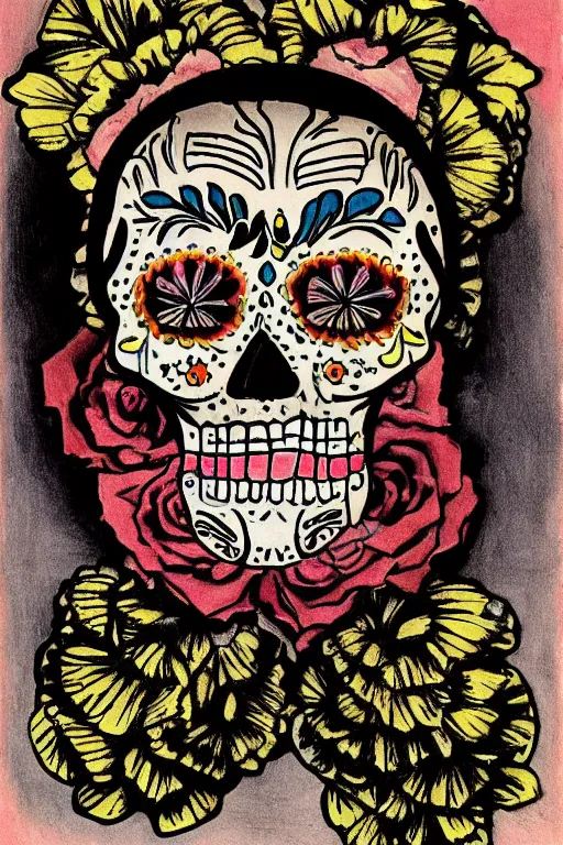 Prompt: Illustration of a sugar skull day of the dead girl, art by giorgio de chirico