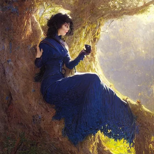 Image similar to portrait of a woman resting on a large tree, short black hair, decorative dark blue clothing, sharp focus, ultra realistic illustration, colorful, cinematic lighting, high fantasy, intricate, highly detailed, smooth, elegant, gaston bussiere, bayard wu, greg rutkowski