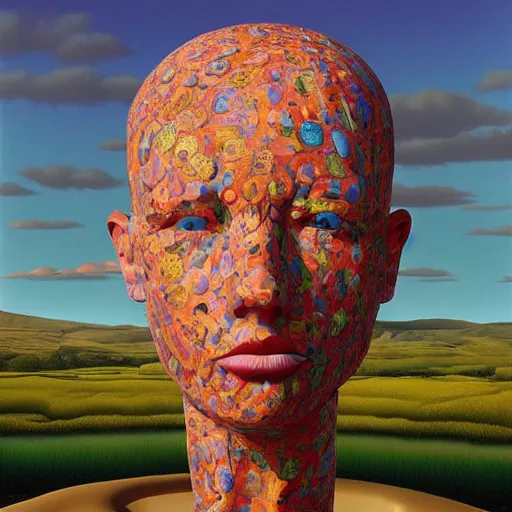 Image similar to hyperrealstic surrealism landscape, giant mannequin head ruins by alex gross